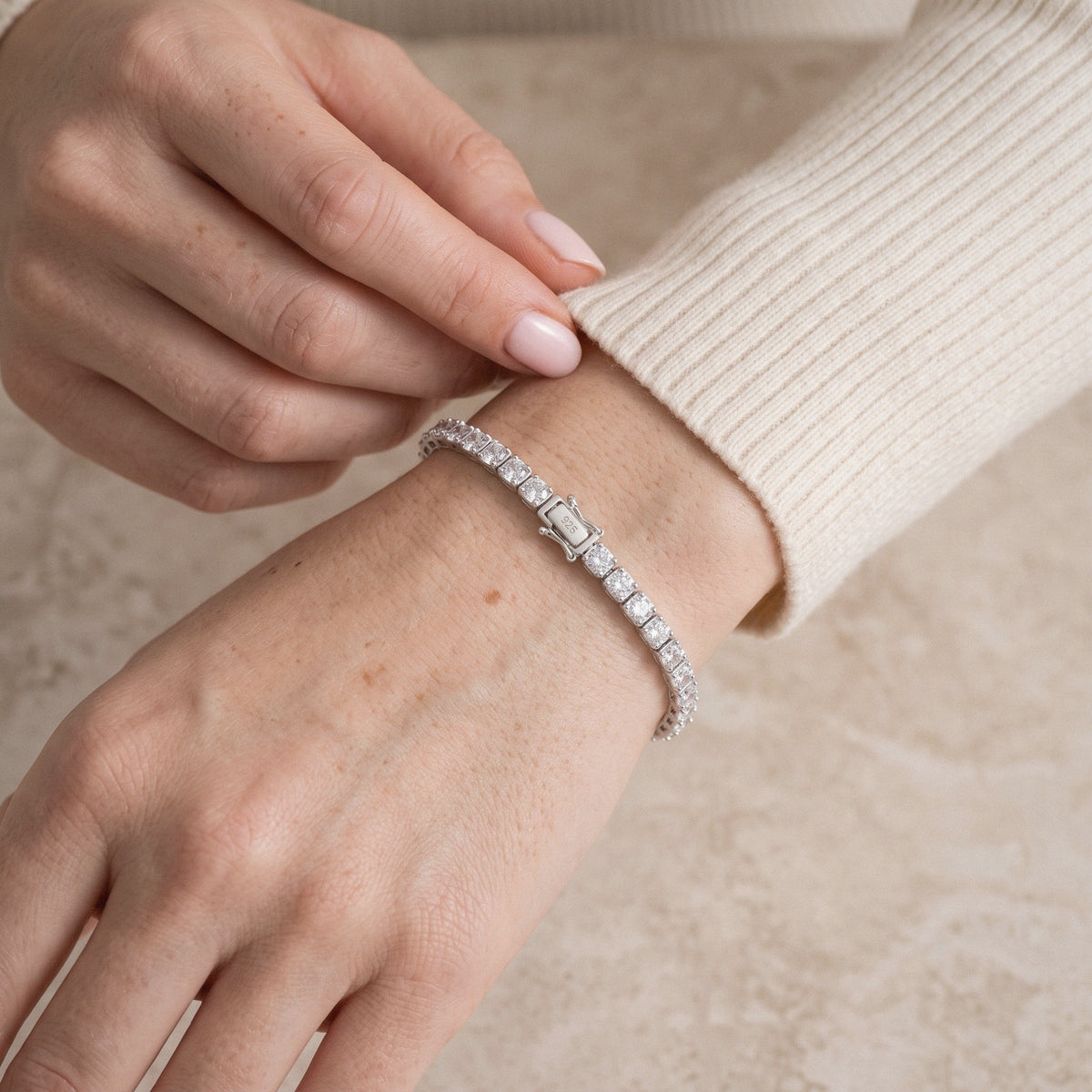 Moissanite Tennis Bracelet in 925 Sterling Silver, GRA Certified - worn
