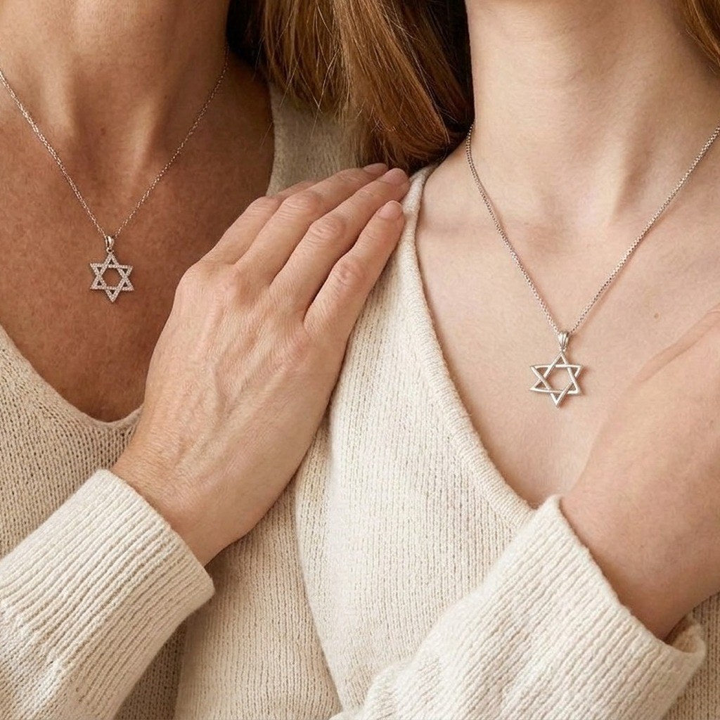 Mother and Daughter Star of David Necklace Set in 925 Sterling Silver - worn