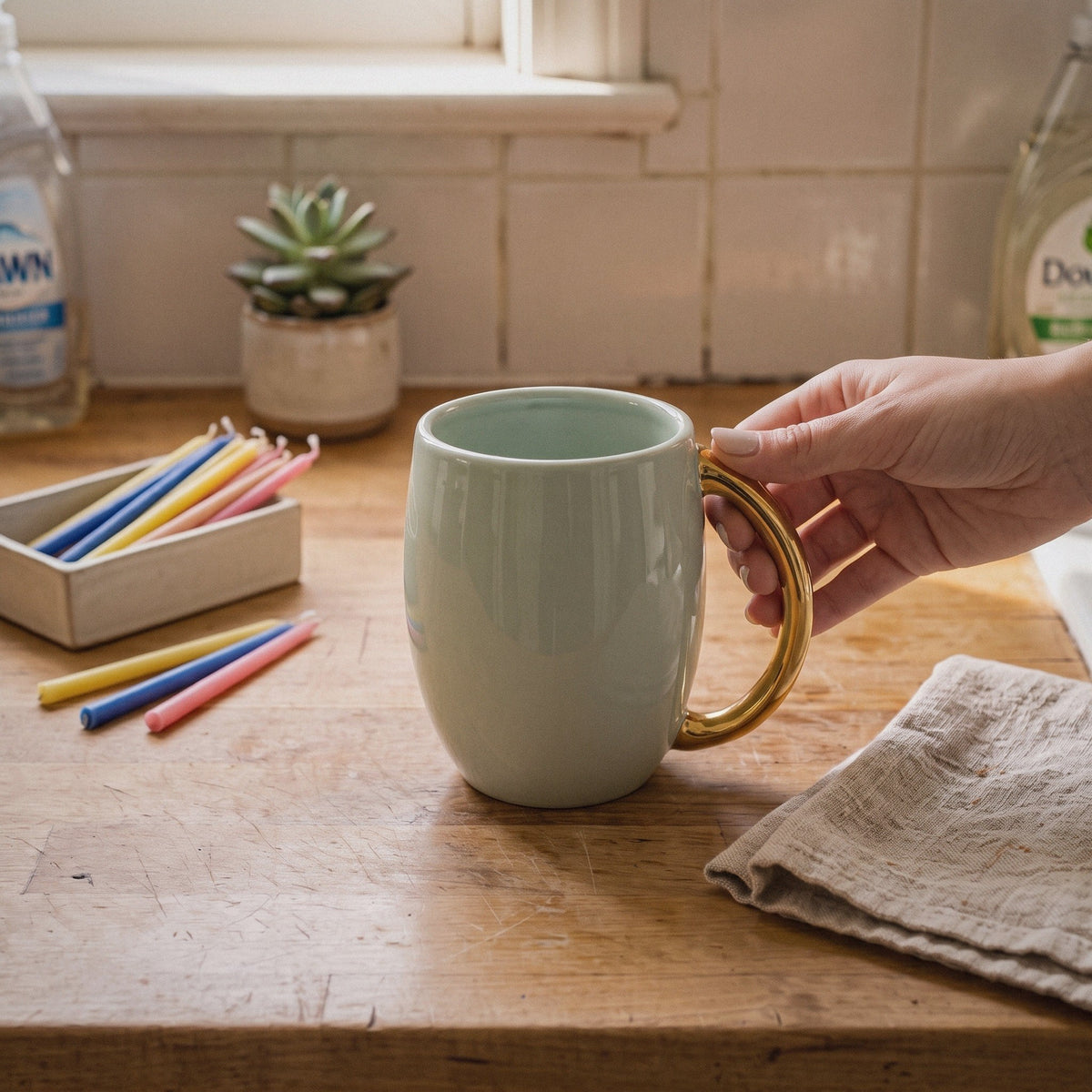 Netilat Yadayim Washing Cup, Sage Ceramic with Gold Handles - at home