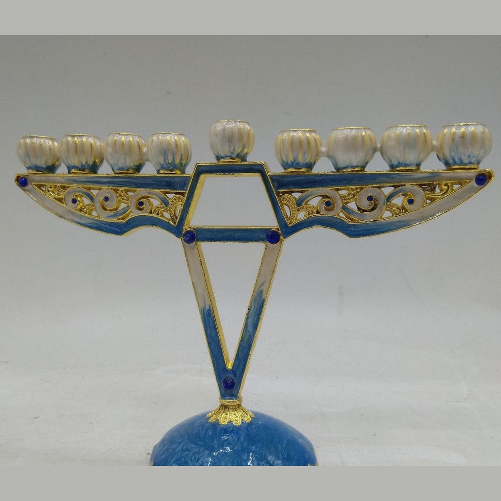 Designer Modern V Hanukkah Menorah, Blue & White Enamel, 16 cm Tall