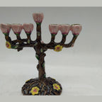 Designer Tree Branch Hanukkah Menorah, Bronze with Pink Blossom Cups, 13 cm Tall