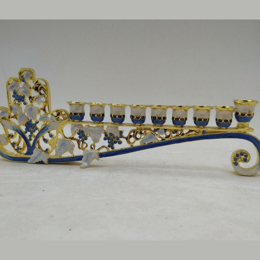Designer Low-Profile Hanukkah Menorah, Gold & Blue Enamel Scroll, 24 cm Wide