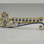 Designer Low-Profile Hanukkah Menorah, Gold & Blue Enamel Scroll, 24 cm Wide