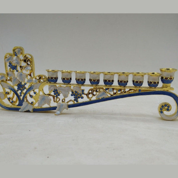 Designer Low-Profile Hanukkah Menorah, Gold & Blue Enamel Scroll, 24 cm Wide