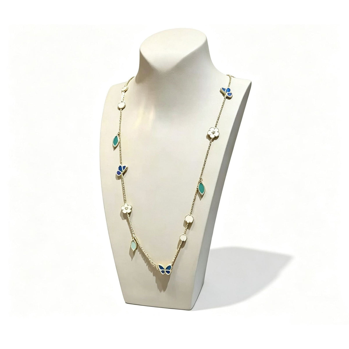Butterfly & Flower Station Necklace in 925 Sterling Silver, Mother-of-Pearl Enamel