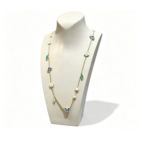 Butterfly & Flower Station Necklace in 925 Sterling Silver, Mother-of-Pearl Enamel