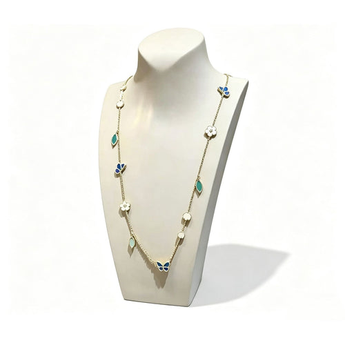 Butterfly & Flower Station Necklace in 925 Sterling Silver, Mother-of-Pearl Enamel