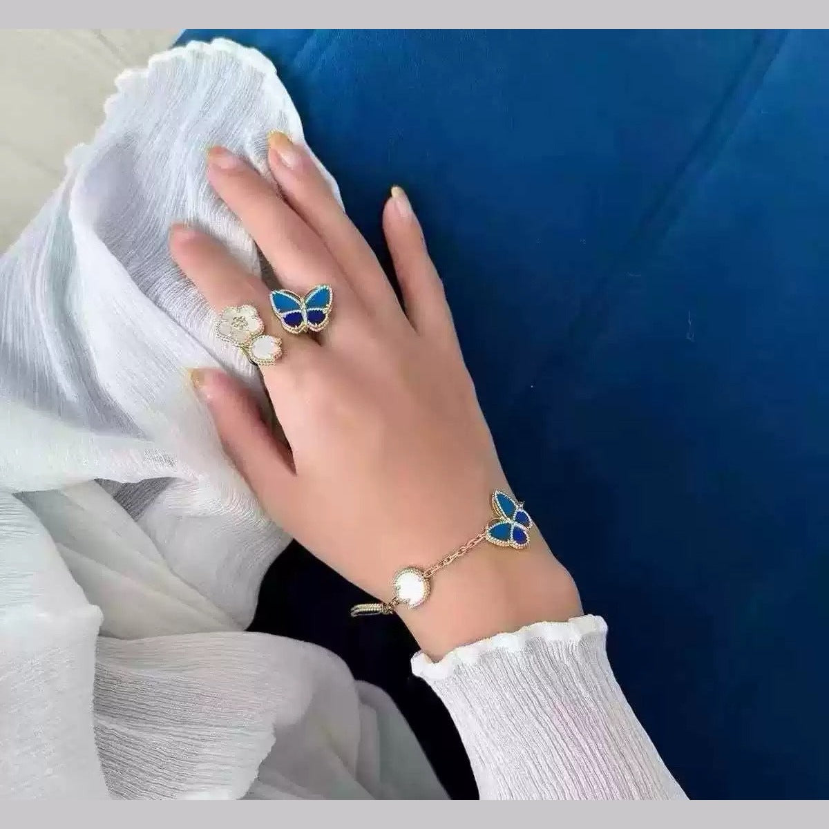 Butterfly & Flower Ring in 925 Sterling Silver, Blue Enamel
