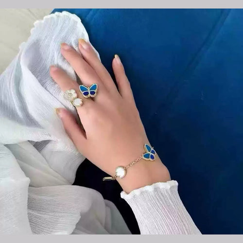 Butterfly & Flower Ring in 925 Sterling Silver, Blue Enamel