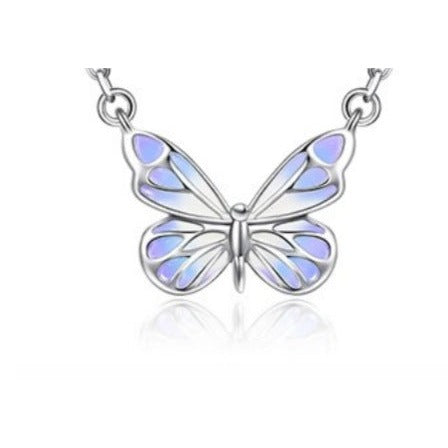 Glow-in-the-Dark Butterfly Necklace in 925 Sterling Silver, Lavender Enamel