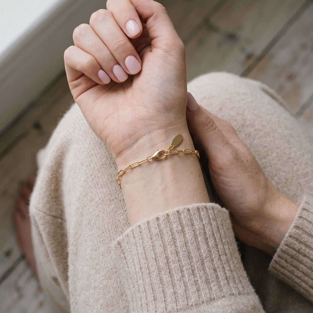 Paperclip Chain Bracelet in 925 Sterling Silver, Adjustable - worn