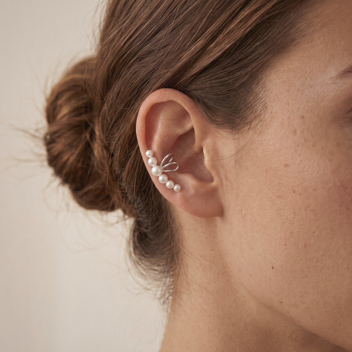 Pearl Ear Cuff in 925 Sterling Silver, No Piercing Needed - worn on the ear