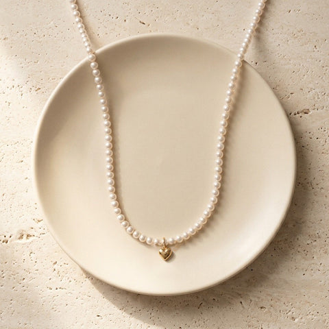 Pearl Heart Necklace, Dainty Shell Pearl Strand with Gold Heart Charm