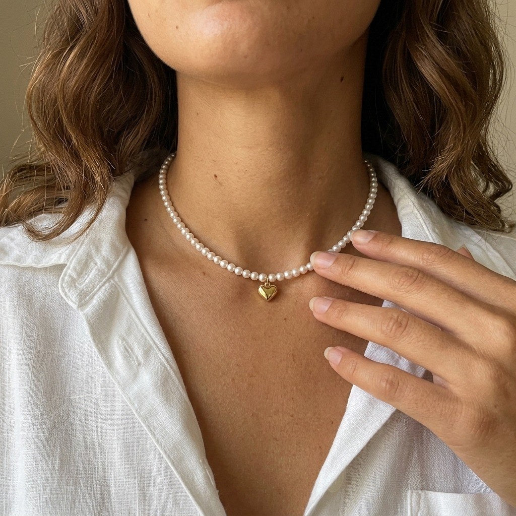 Pearl Heart Necklace Shell Pearl Strand Gold Heart - worn