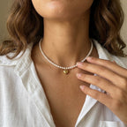 Pearl Heart Necklace Shell Pearl Strand Gold Heart - worn