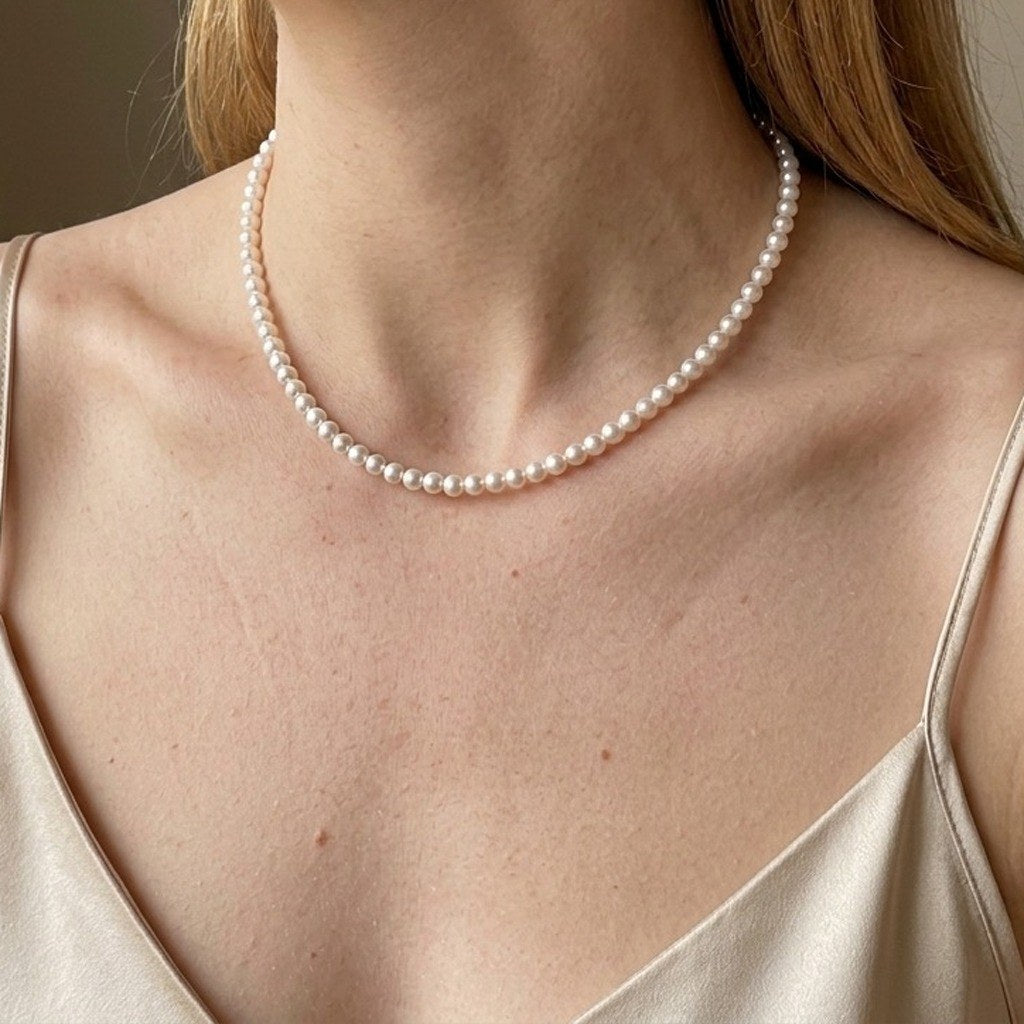 Pearl Necklace In Sterling Silver Crystal Pearl Strand - worn