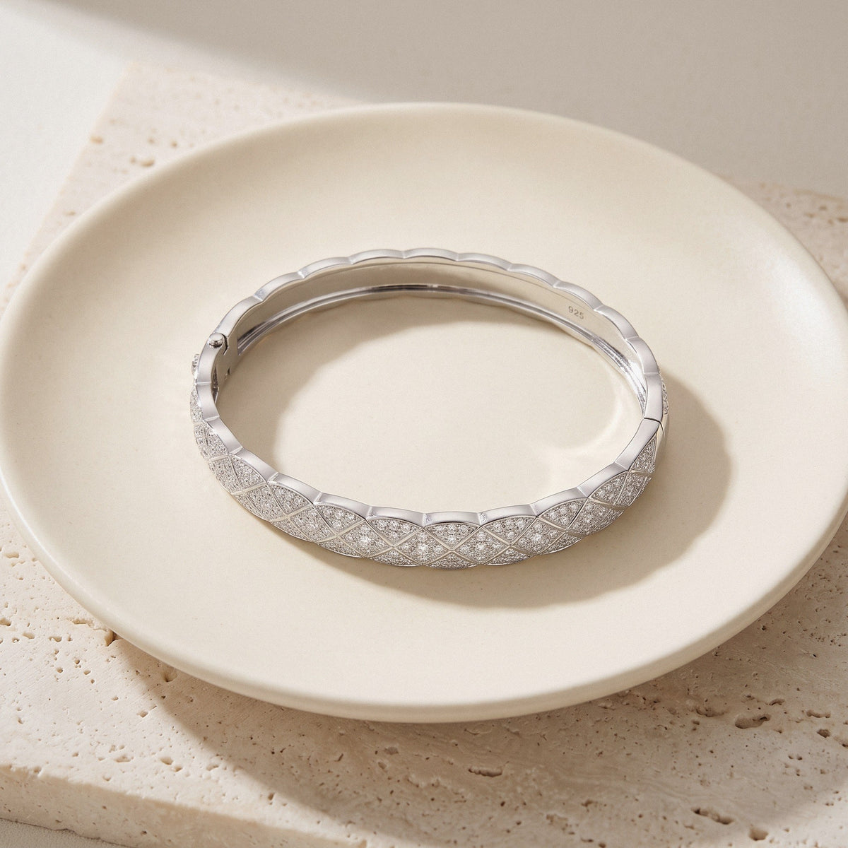Quilted Bangle Bracelet in 925 Sterling Silver, Narrow or Wide Pavé