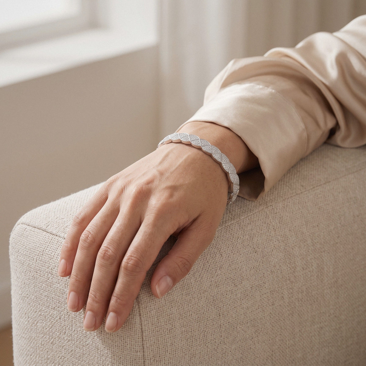 Quilted Bangle Bracelet in 925 Sterling Silver, Narrow or Wide Pavé - worn