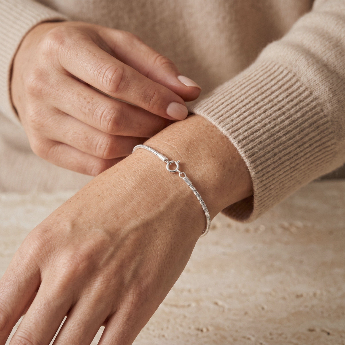 Round Snake Chain Bracelet in 925 Sterling Silver - worn