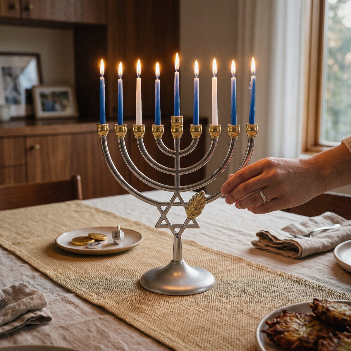 Silver & Gold Star of David Hanukkah Menorah with Wheat, 18 cm Tall - at home