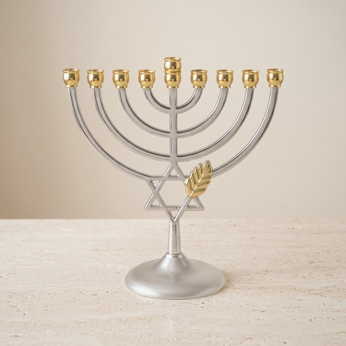 Silver & Gold Star of David Hanukkah Menorah with Wheat, 18 cm Tall