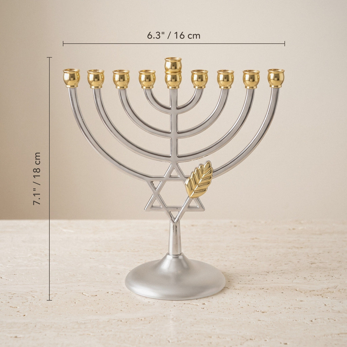 Silver & Gold Star of David Hanukkah Menorah with Wheat, 18 cm Tall - size and dimensions