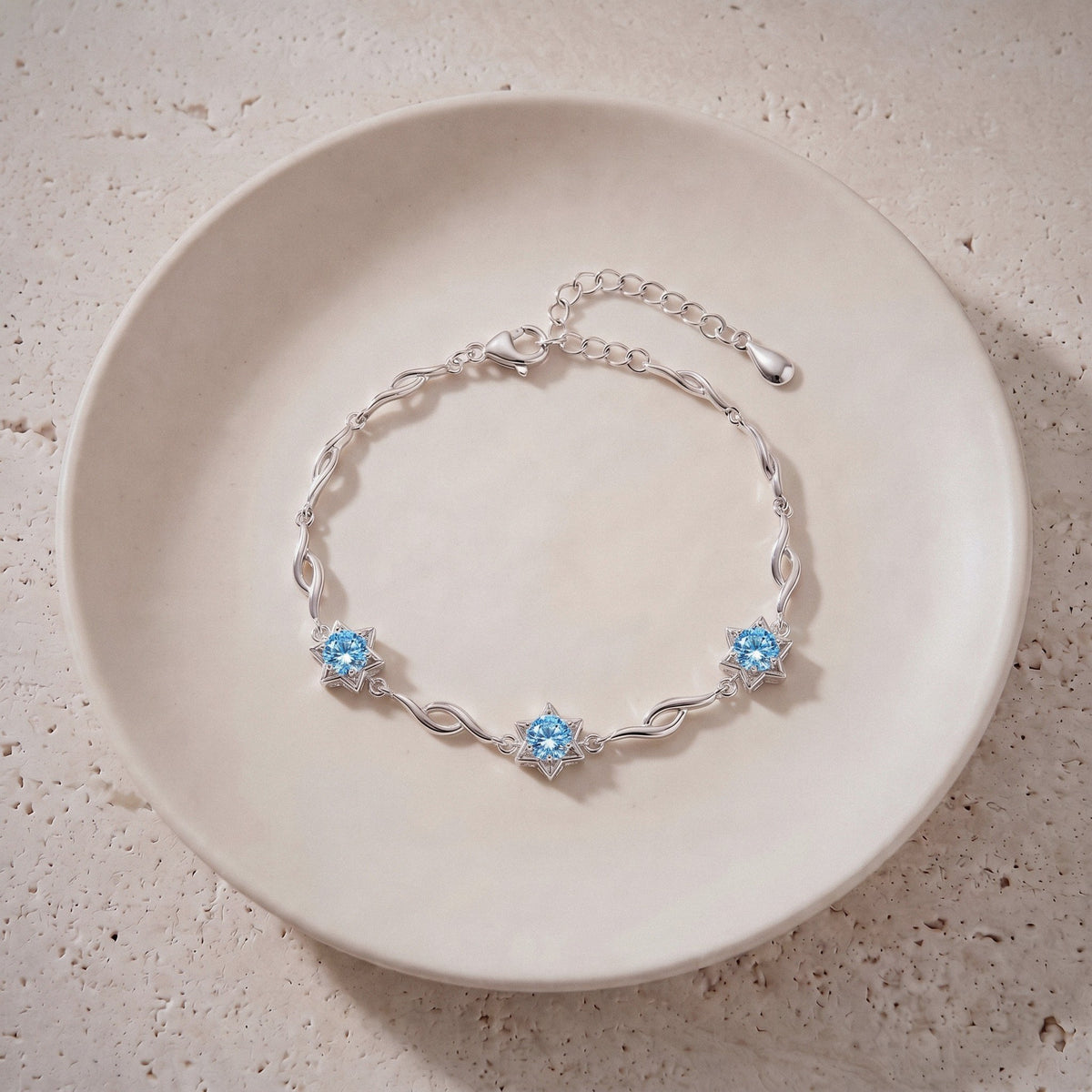 Six-Pointed Star Bracelet in 925 Sterling Silver, Blue or Clear Cubic Zirconia - Blue