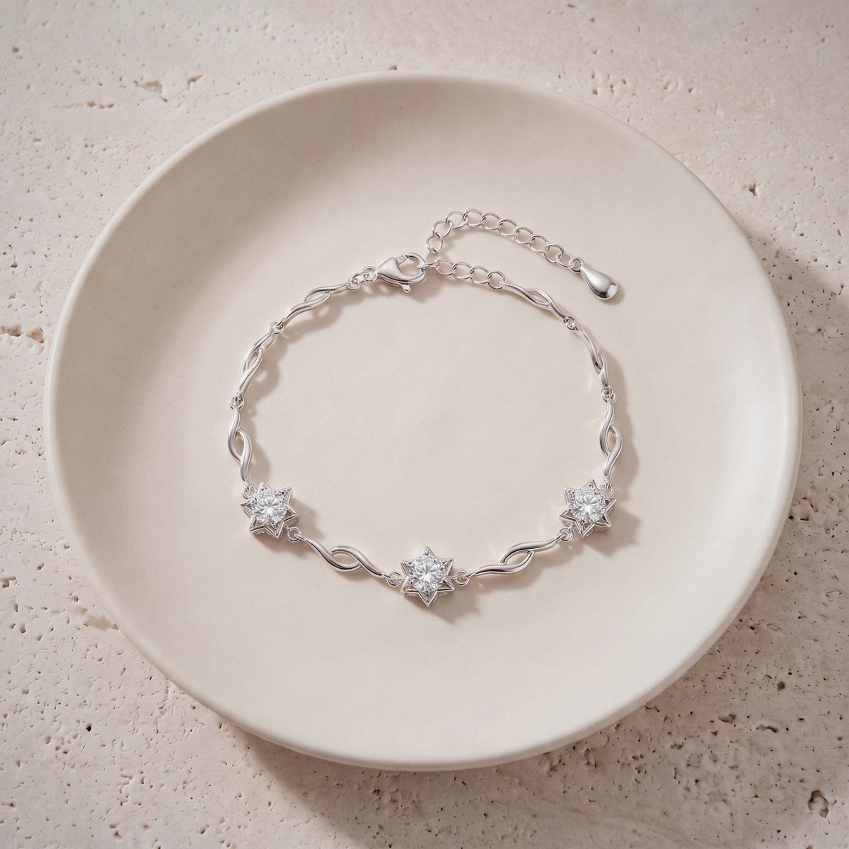 Six-Pointed Star Bracelet in 925 Sterling Silver, Blue or Clear Cubic Zirconia