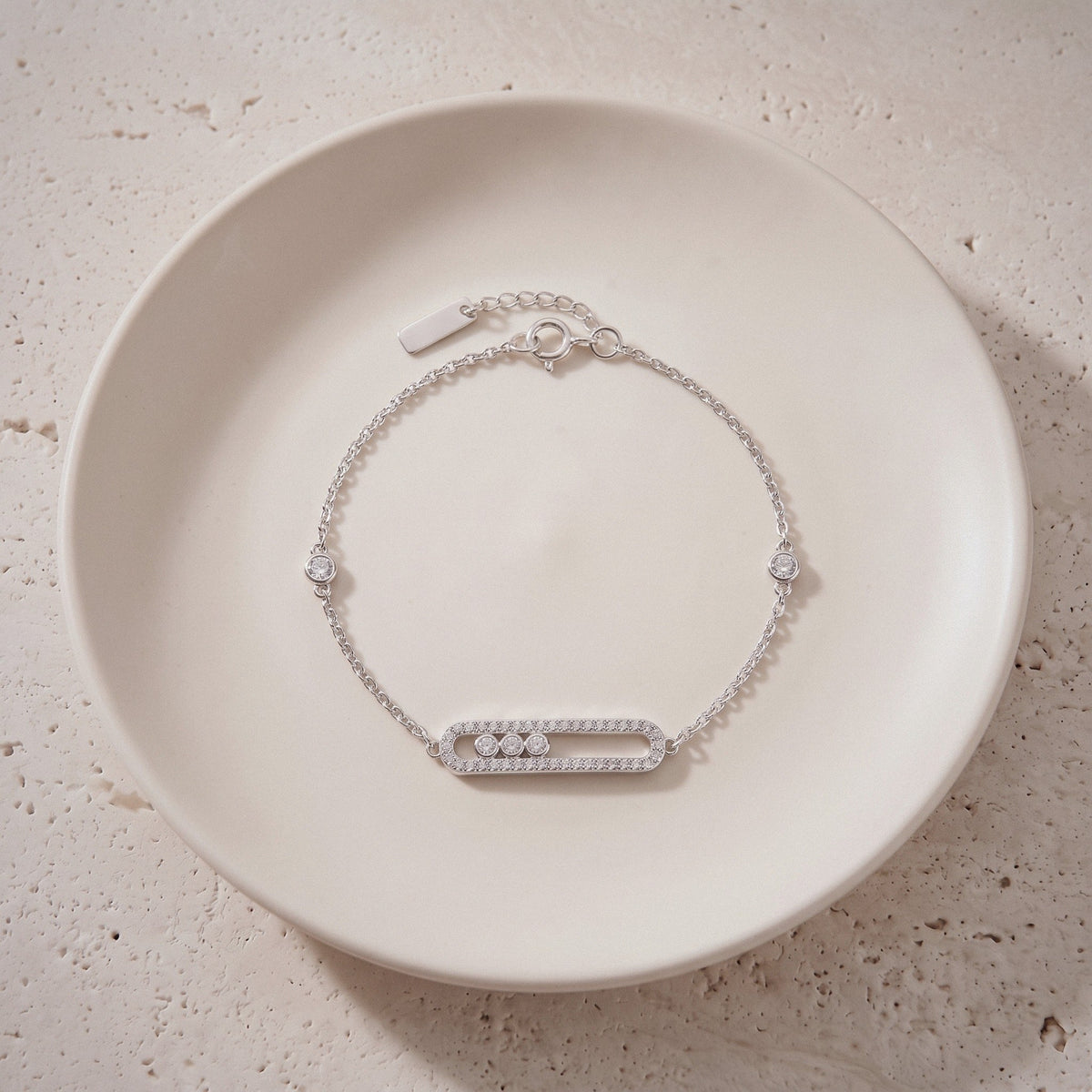 Sliding Bar Bracelet in 925 Sterling Silver, Double Chain