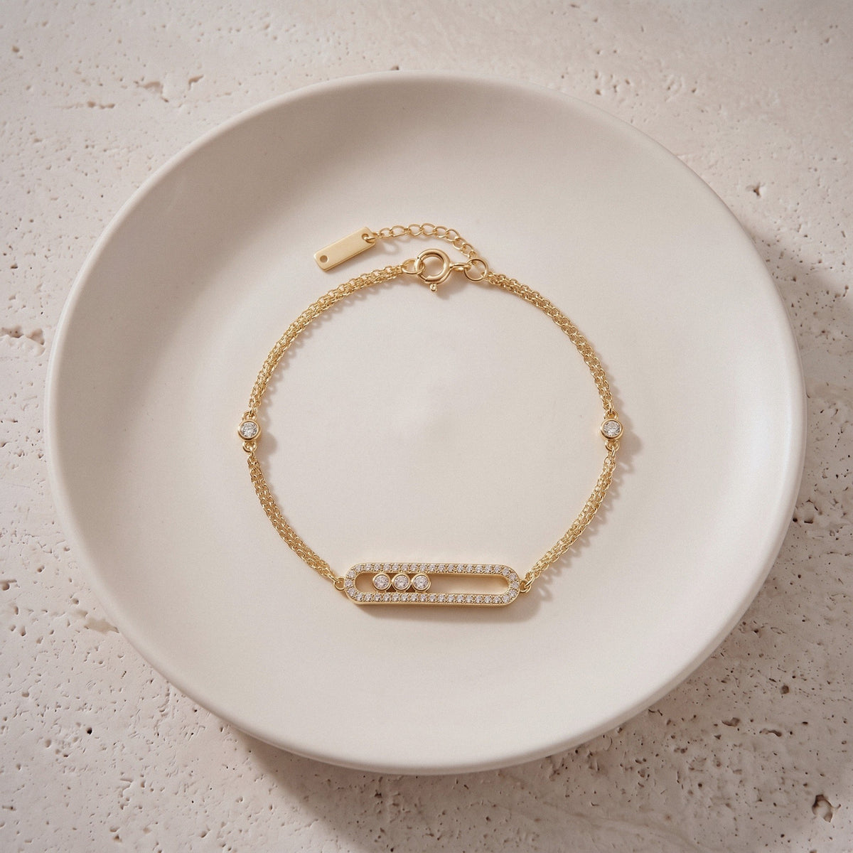 Sliding Bar Bracelet in 925 Sterling Silver, Double Chain - Mini pave - Gold