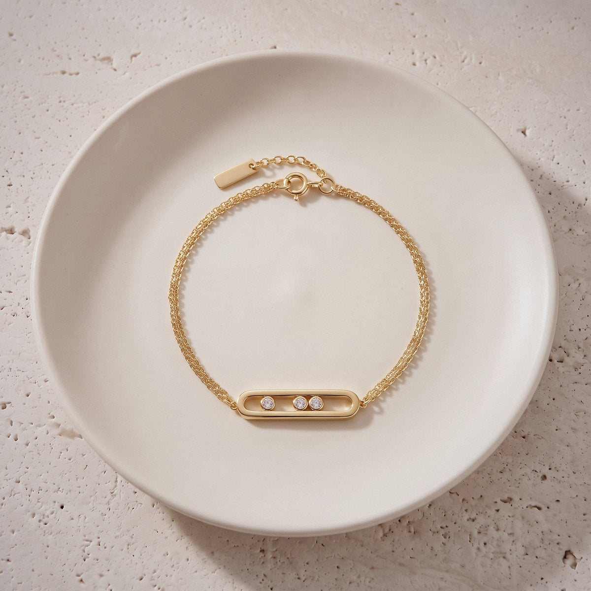 Sliding Bar Bracelet in 925 Sterling Silver, Double Chain - Mini polished - Gold