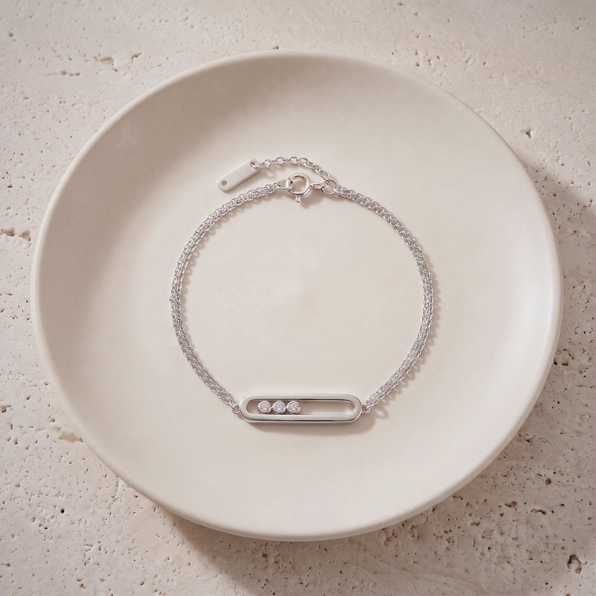 Sliding Bar Bracelet in 925 Sterling Silver, Double Chain - Mini polished - Silver