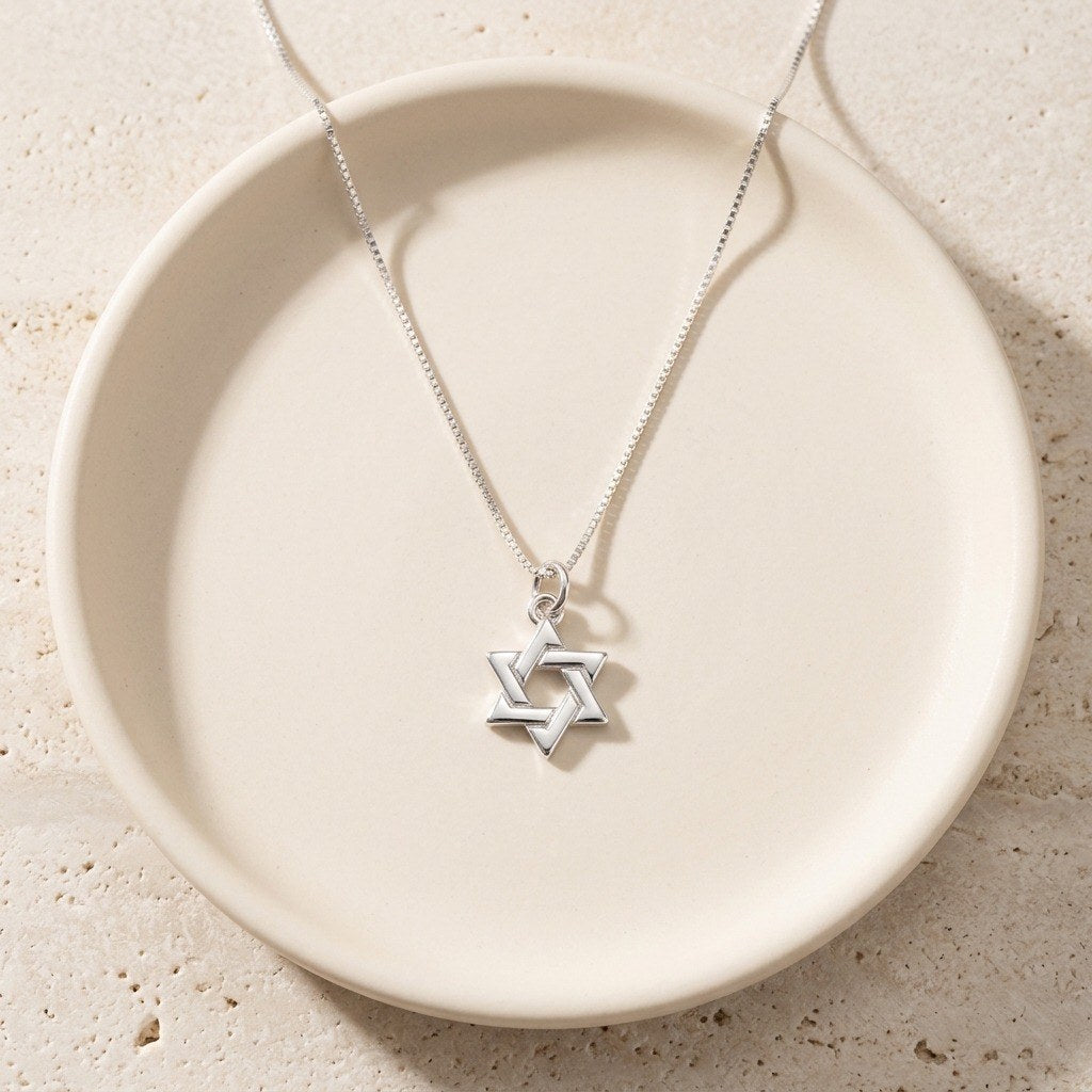 Small Star of David Necklace in 925 Sterling Silver, Interlocked, 18 Inch Chain