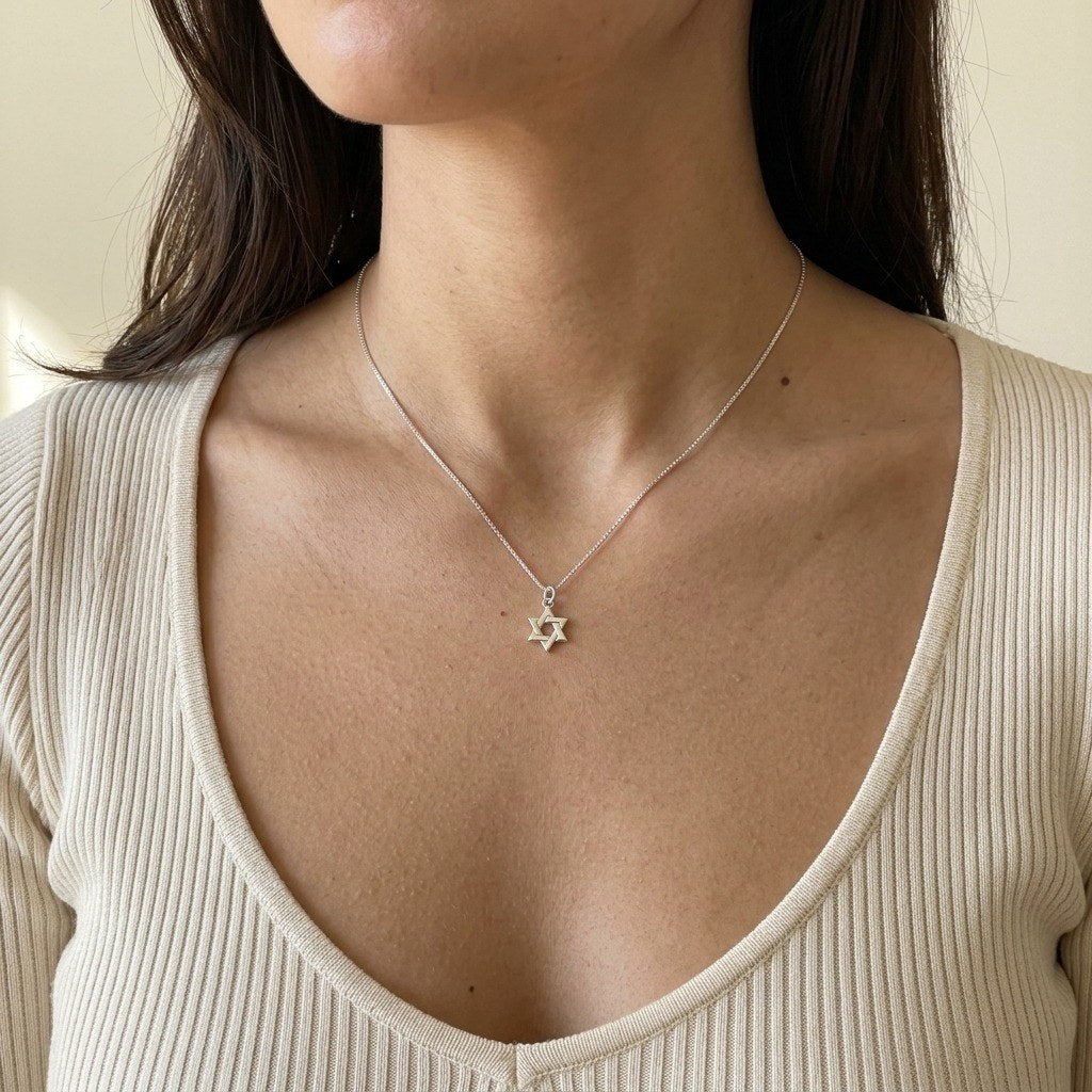 Small Star of David Necklace in 925 Sterling Silver, Interlocked, 18 Inch Chain - worn