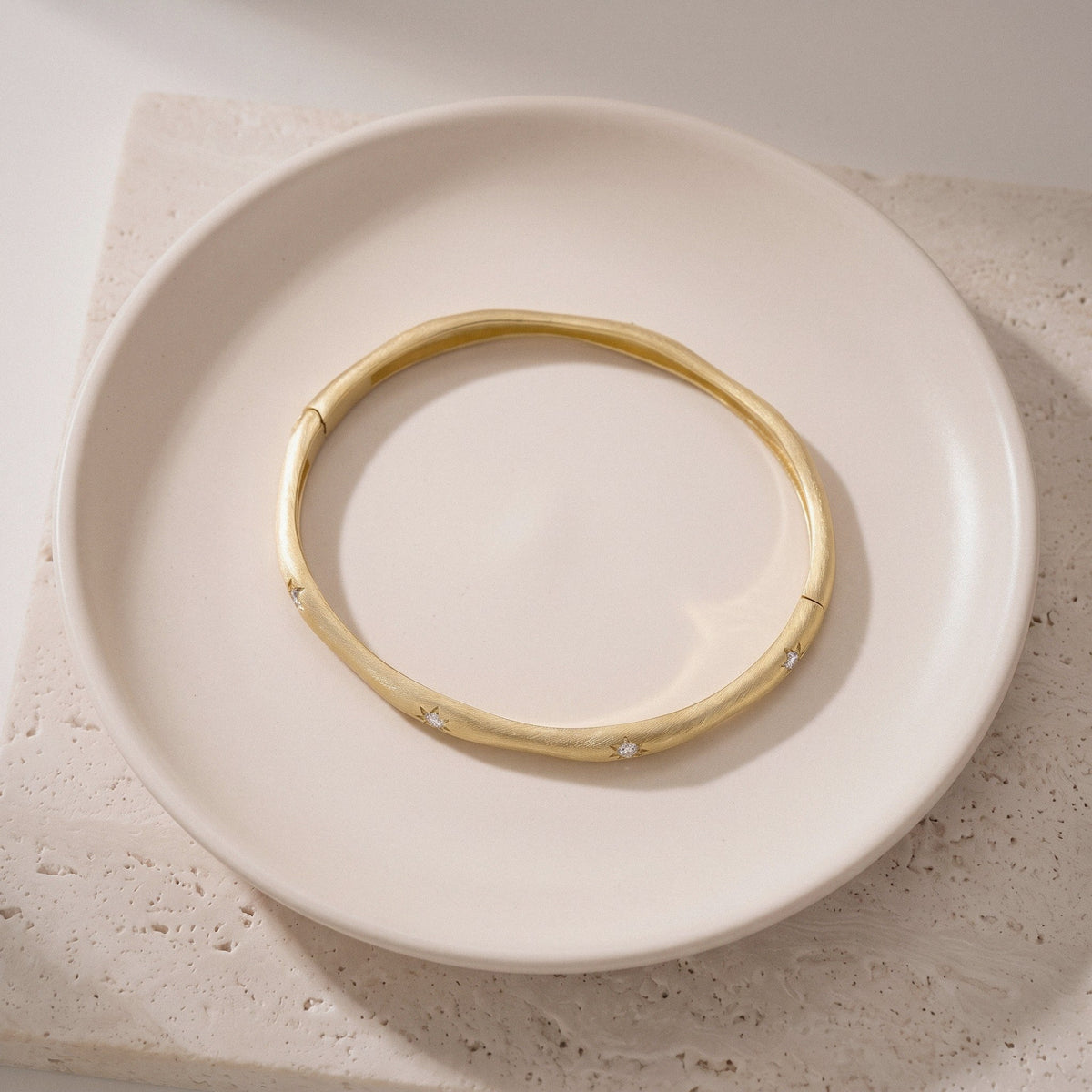 Star Bangle Bracelet in 925 Sterling Silver, Brushed Finish with Star-Set Stones - Gold
