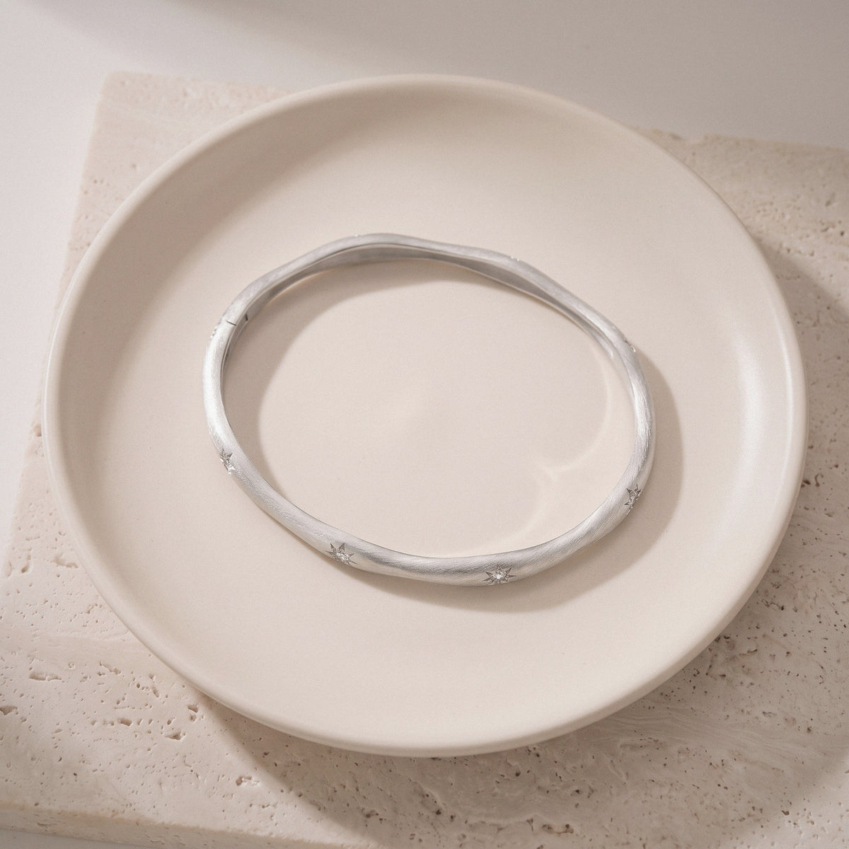 Star Bangle Bracelet in 925 Sterling Silver, Matte Finish Open Cuff