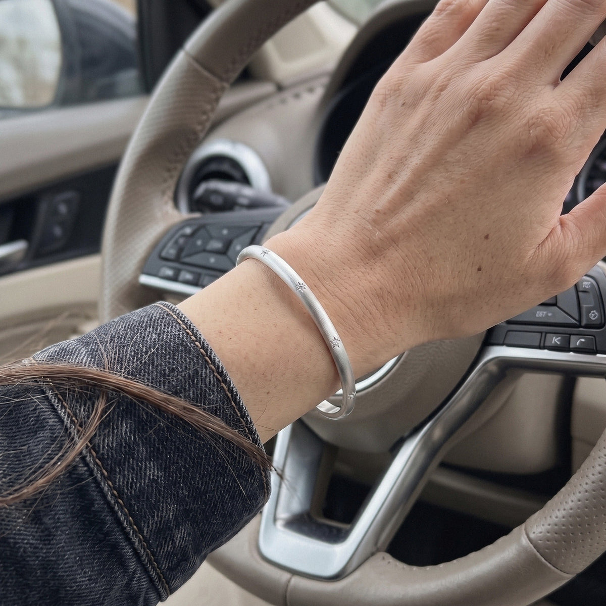 Star Bangle Bracelet in 925 Sterling Silver, Matte Finish Open Cuff - everyday wear