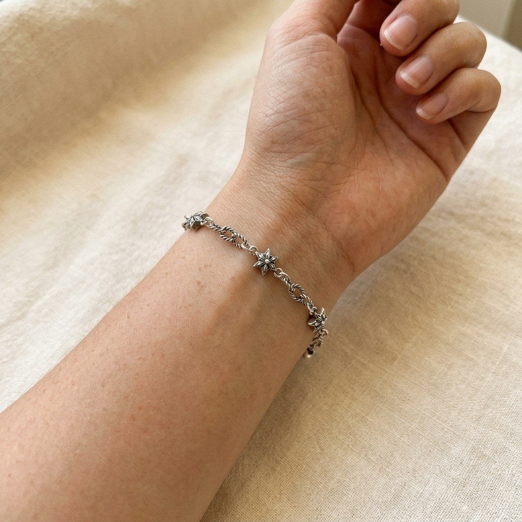 Star Link Bracelet in 925 Sterling Silver, Oxidized Six-Pointed Stars - worn