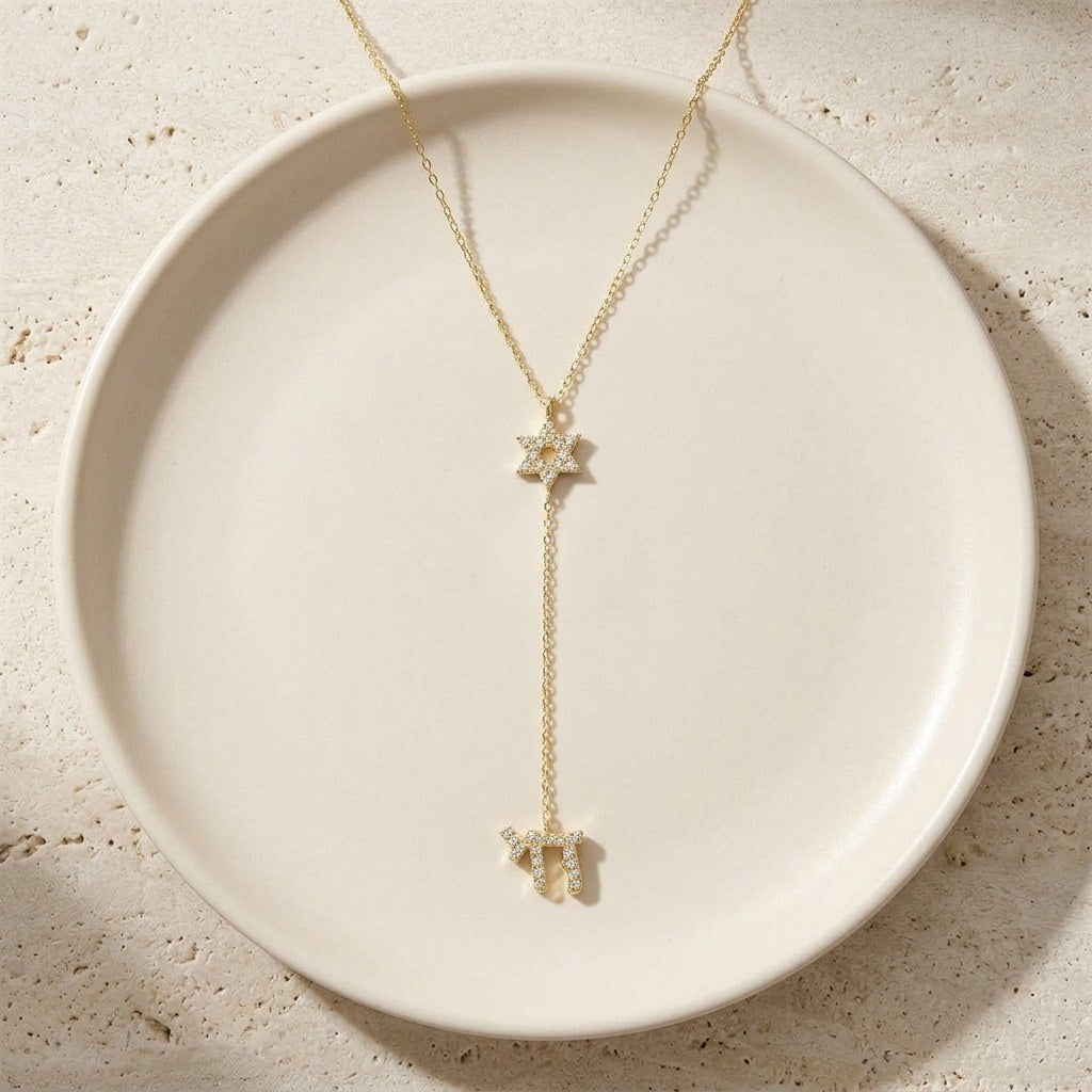 Star of David & Chai Lariat Necklace in Gold Plated 925 Sterling Silver, Cubic Zirconia