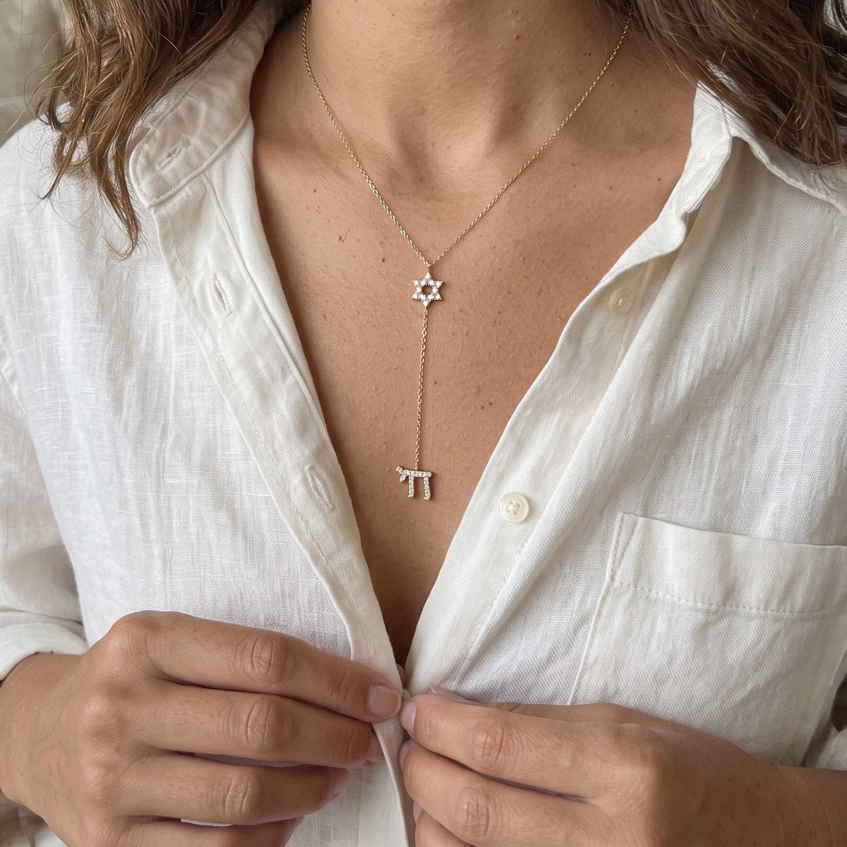 Star of David & Chai Lariat Necklace in Gold Plated 925 Sterling Silver, Cubic Zirconia - everyday wear