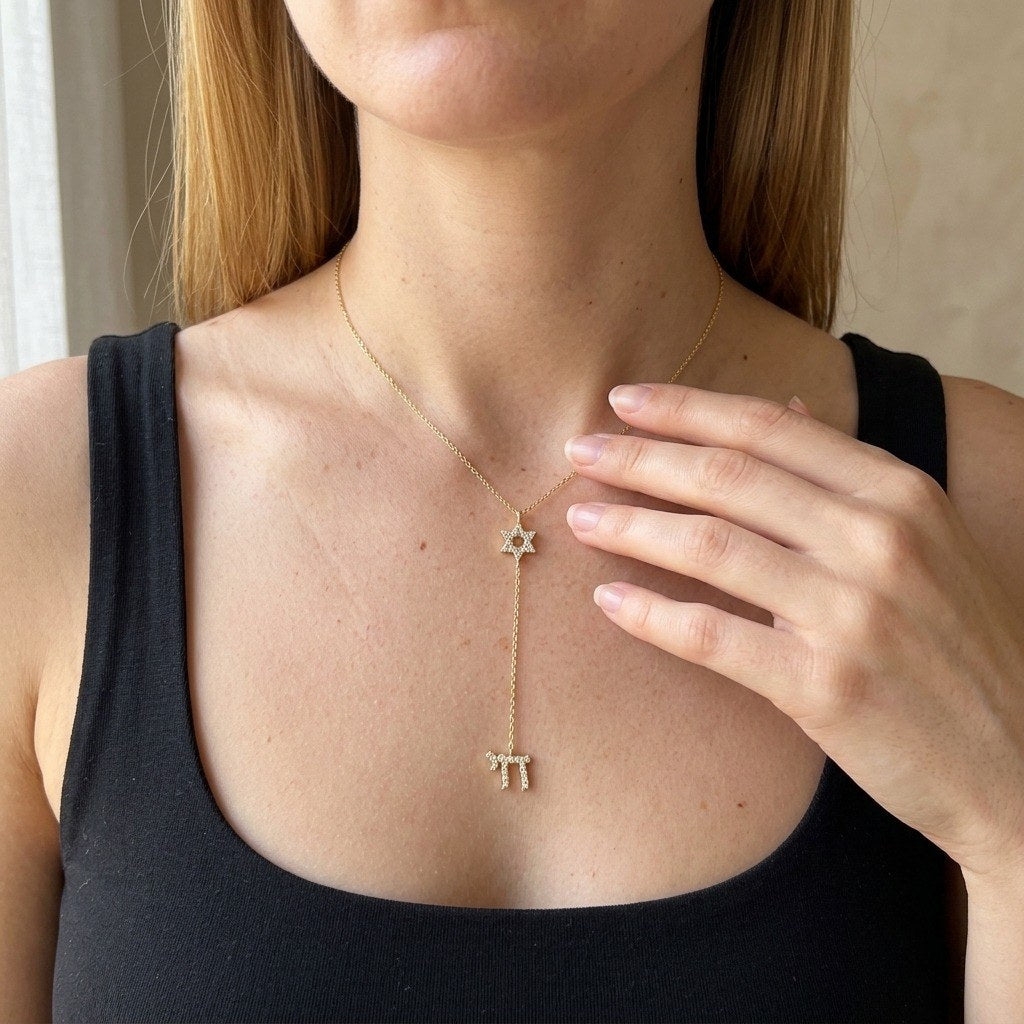 Star of David & Chai Lariat Necklace in Gold Plated 925 Sterling Silver, Cubic Zirconia - worn