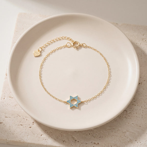 Star of David Bracelet in Gold Plated 925 Sterling Silver, Turquoise Crystal