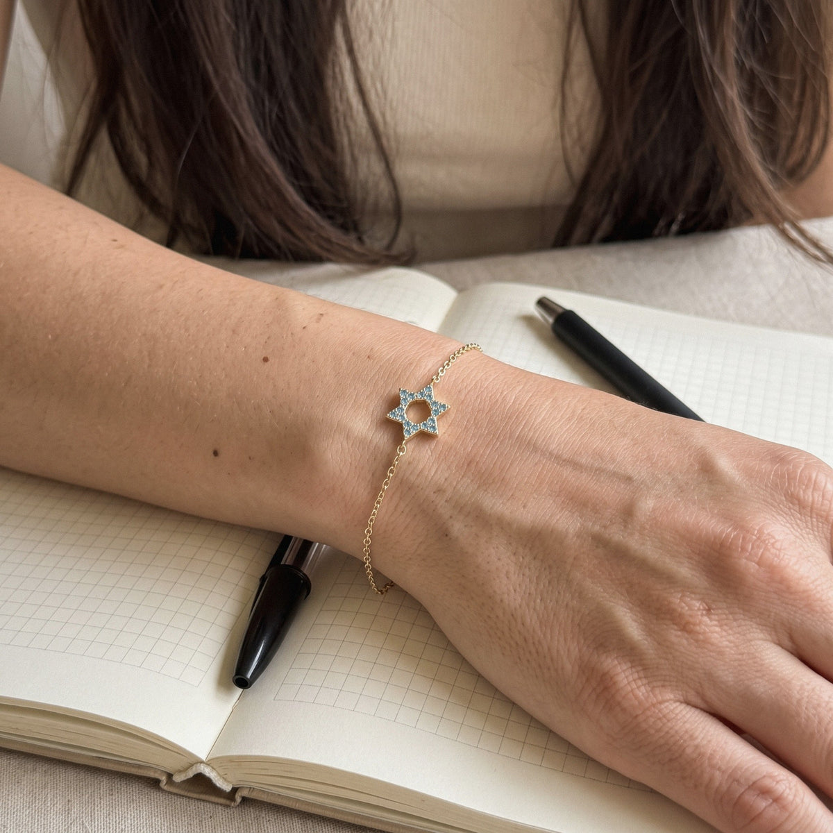 Star of David Bracelet in Gold Plated 925 Sterling Silver, Turquoise Crystal - everyday wear