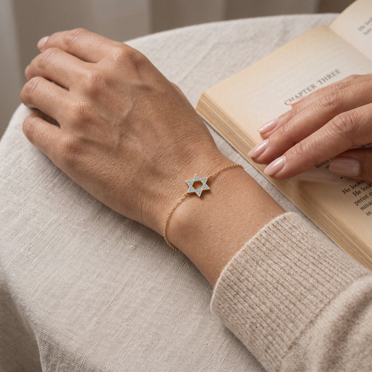Star of David Bracelet in Gold Plated 925 Sterling Silver, Turquoise Crystal - worn