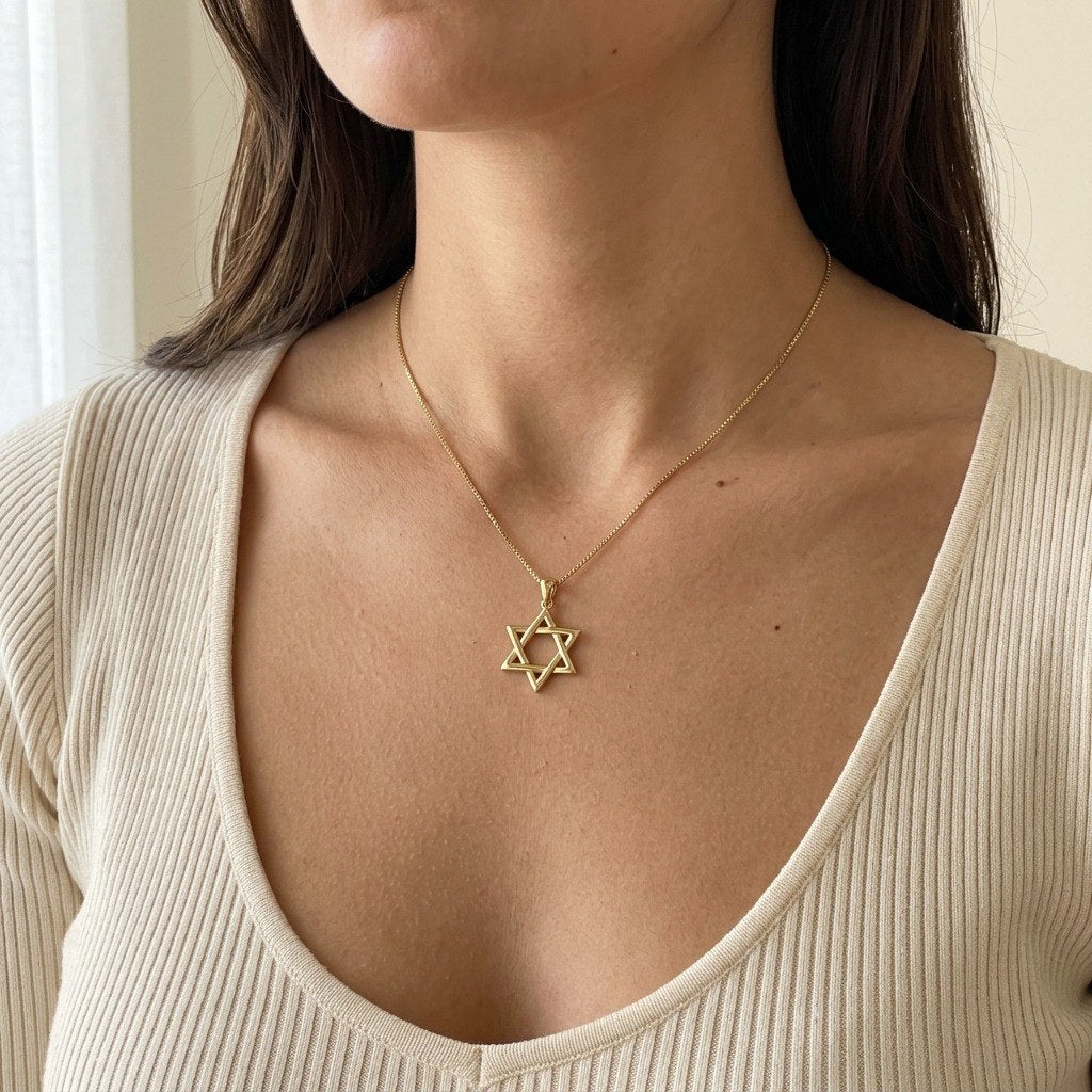 Star of David Necklace in Gold Plated 925 Sterling Silver, Open Outline, 18 Inch Chain - worn
