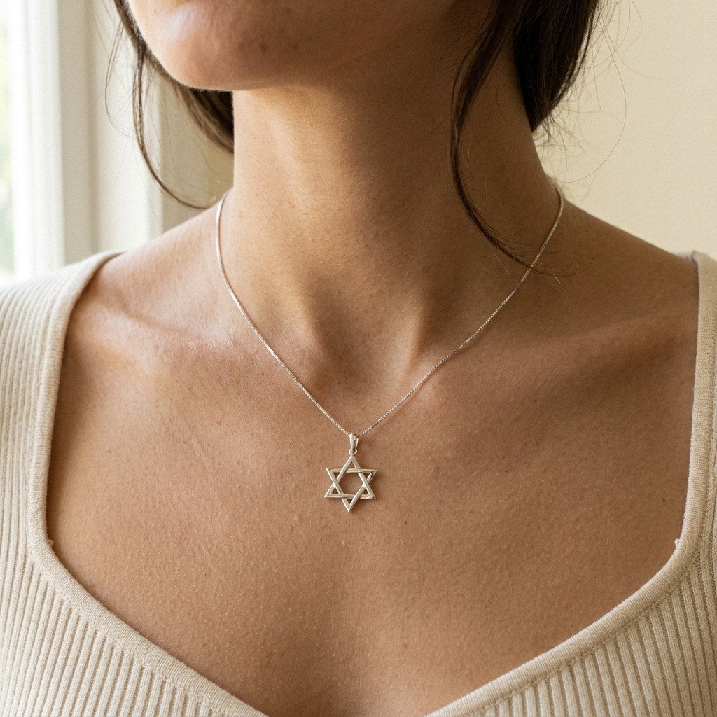 Star of David Necklace in 925 Sterling Silver, Open Outline, 18 Inch Chain - worn