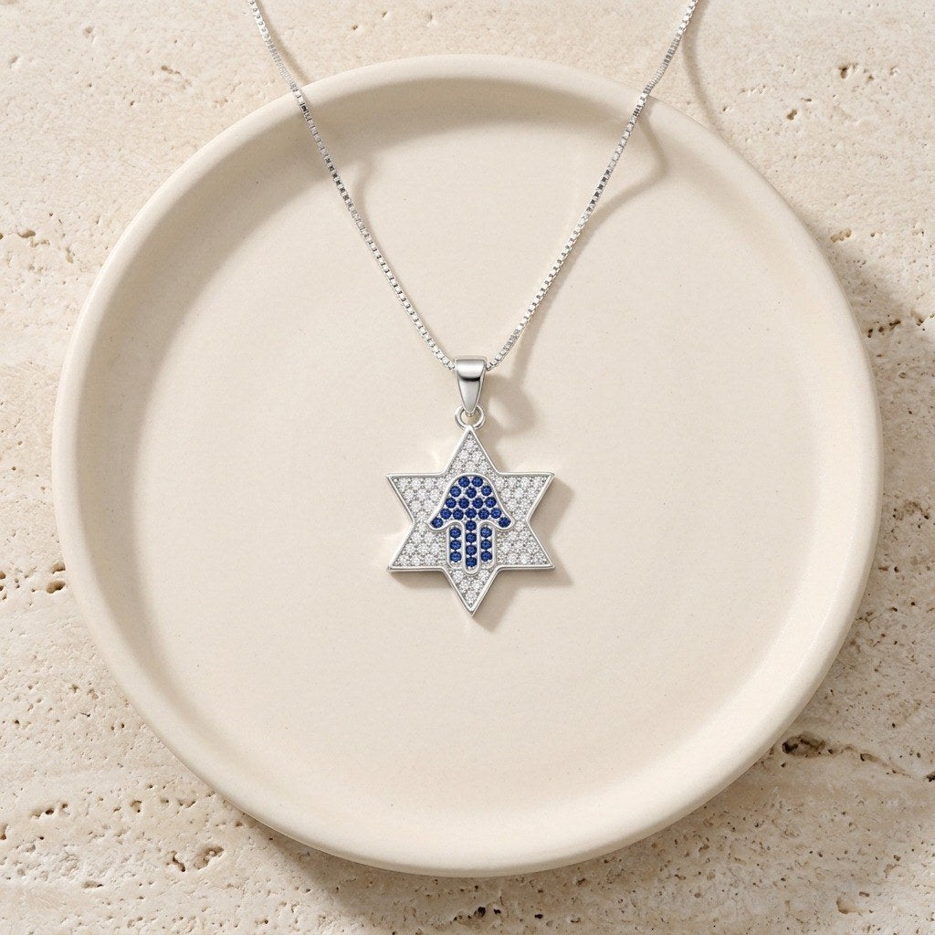 Star of David Necklace with Blue Pavé Hamsa in 925 Sterling Silver, 18 Inch Chain