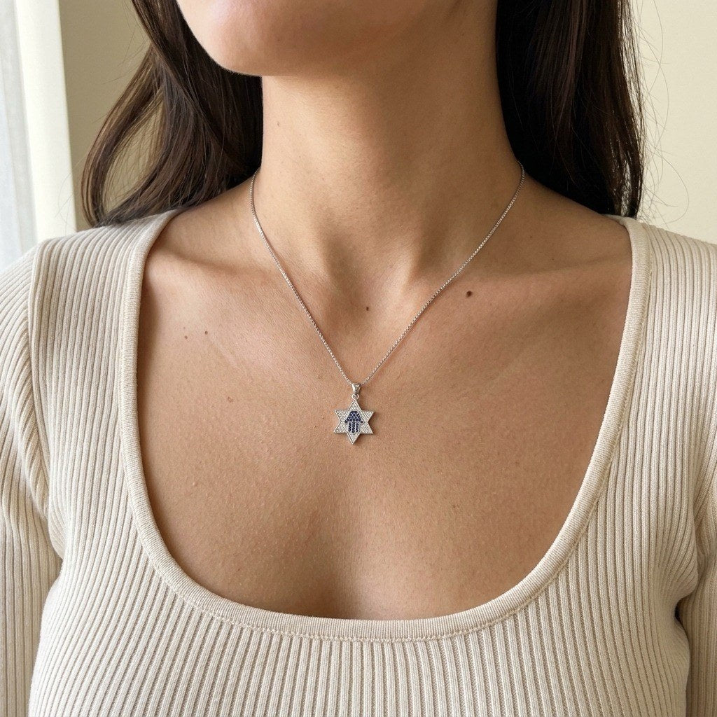 Star of David Necklace with Blue Pavé Hamsa in 925 Sterling Silver, 18 Inch Chain - worn
