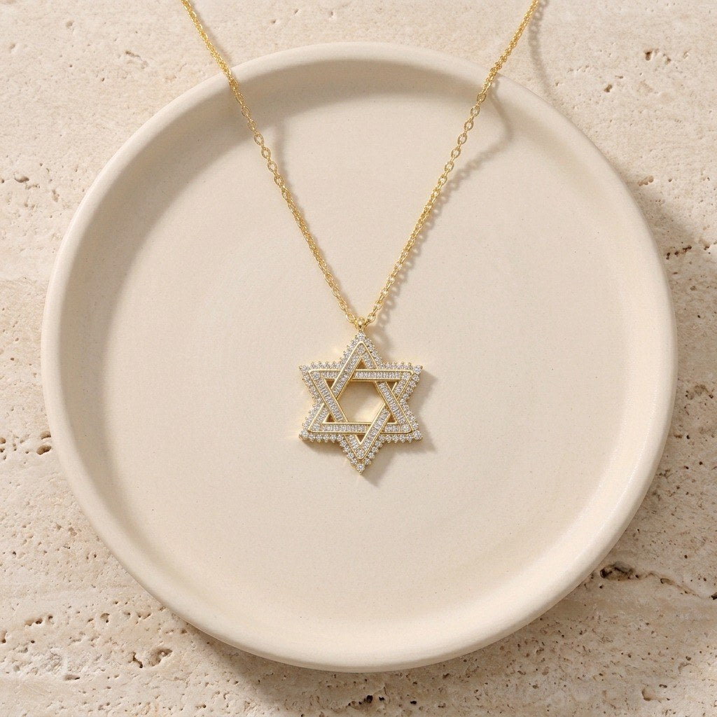 Star of David Necklace with Moissanite in Gold Plated 925 Sterling Silver, GRA Certified