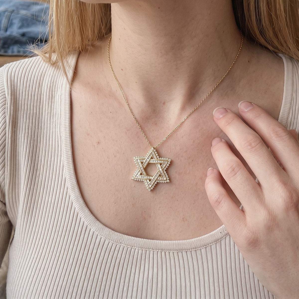 Star of David Necklace with Moissanite in Gold Plated 925 Sterling Silver, GRA Certified - everyday wear